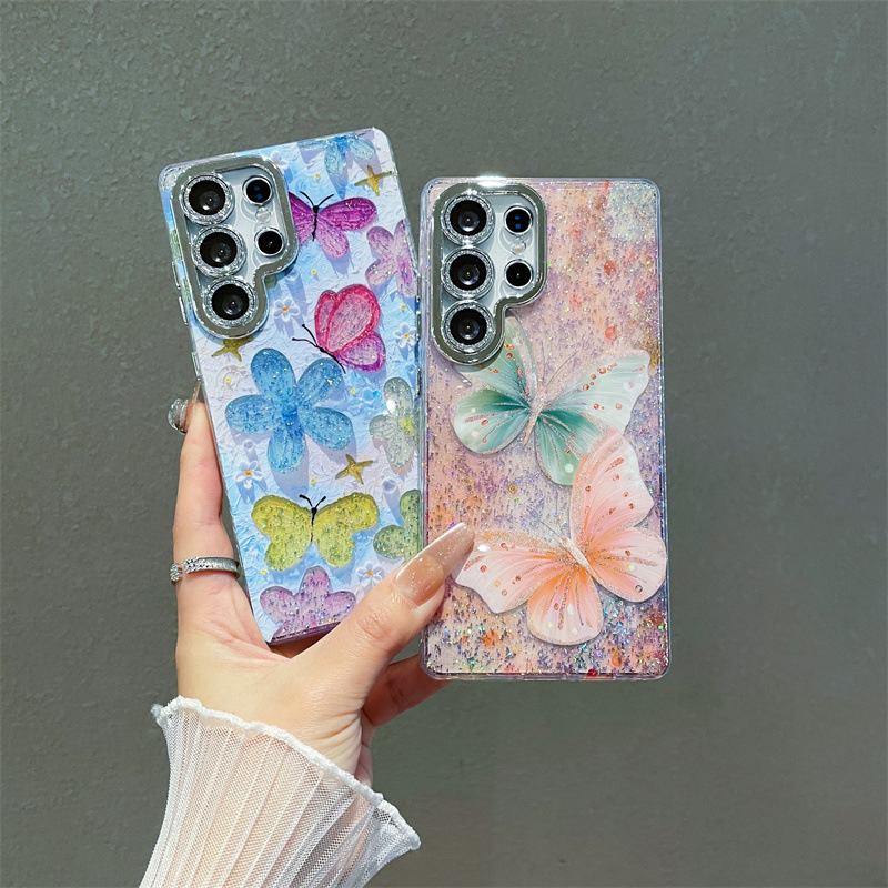 Glitter Shockproof Case - Lüks Yağlı Boya Çiçekler Kelebek Baskılı