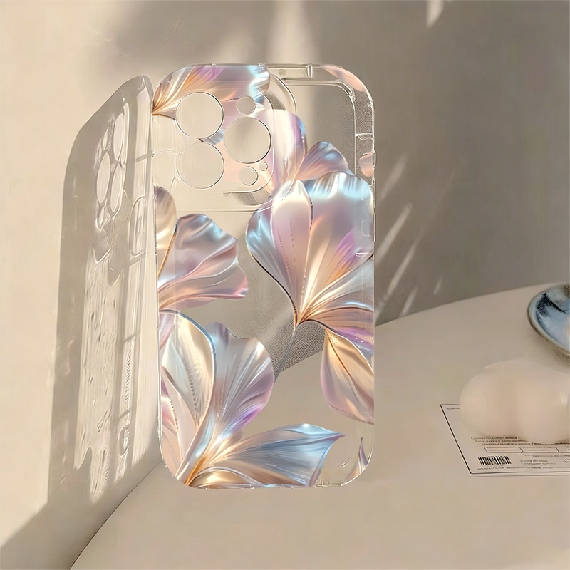 Phone Cases Transparent - Renkli Metalik Ginkgo Baskılı Telefon Kılıfı