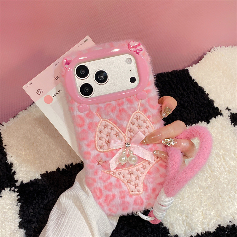 Phone Cases Iphone 15 Pro Max - Lüks Leopar Desenli Bikini Desenli Peluş