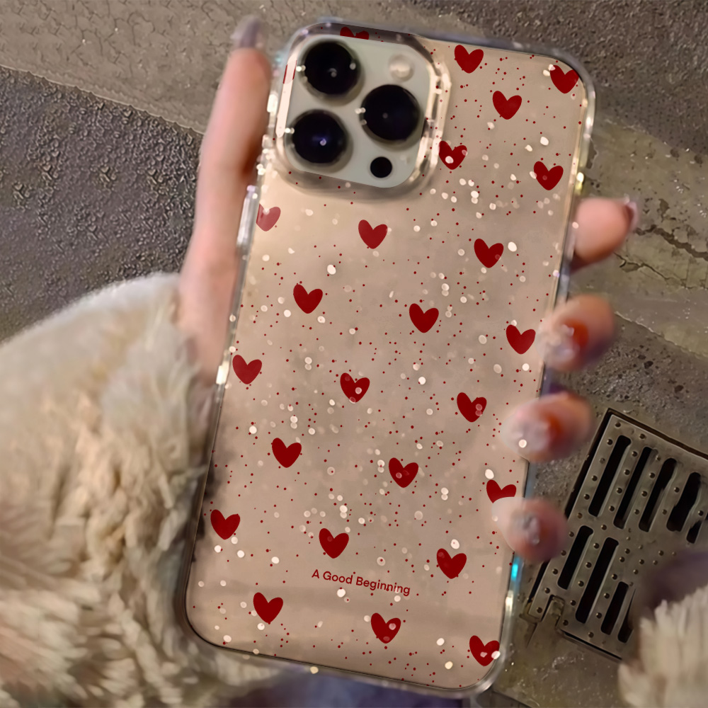 Glitter Shockproof Case - Pembe Kalp Şeklinde Simli Şeffaf Telefon