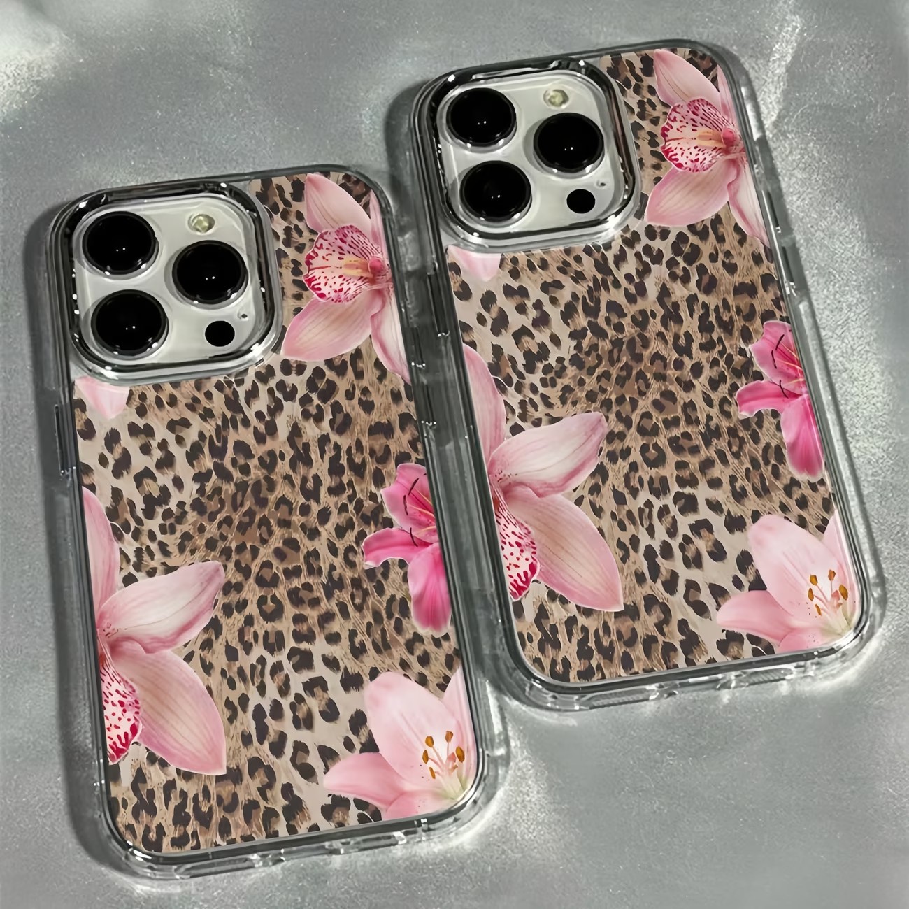 Phone Cases Transparent - Leopar Desenli Zambak Çiçekli Şeffaf Telefon