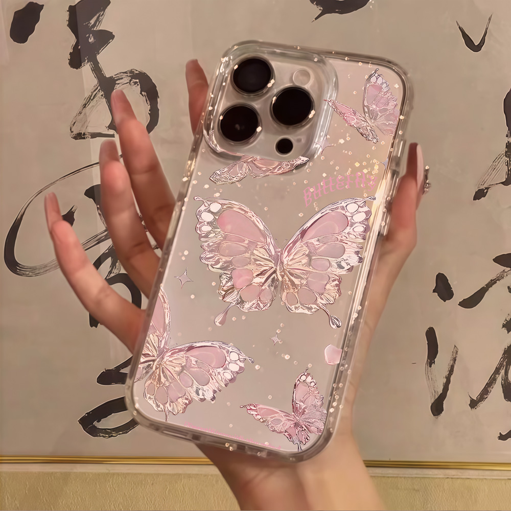 Glitter Shockproof Case - Pembe Kelebek Şeffaf Simli Telefon Kılıfı