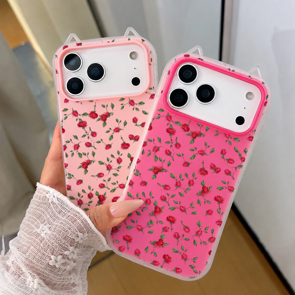 Phone Cases Cat - Kırmızı Gül Çiçekli Kedi Kulaklı Telefon