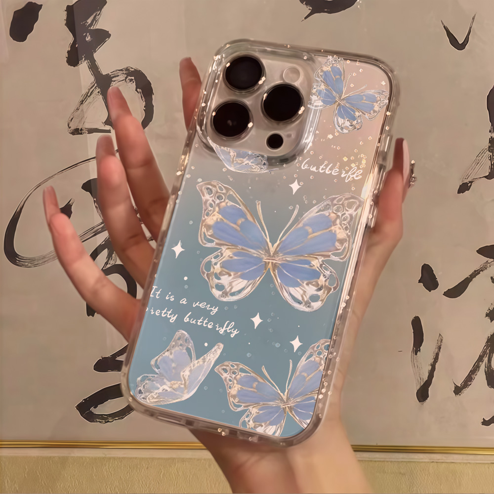 Glitter Shockproof Case - Lüks Mavi Kelebek Şeffaf Simli Telefon